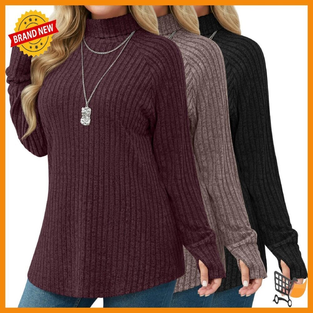Plus Size Turtleneck Sweater Tunics 3-Pack Ribbed Thumbhole Pullovers